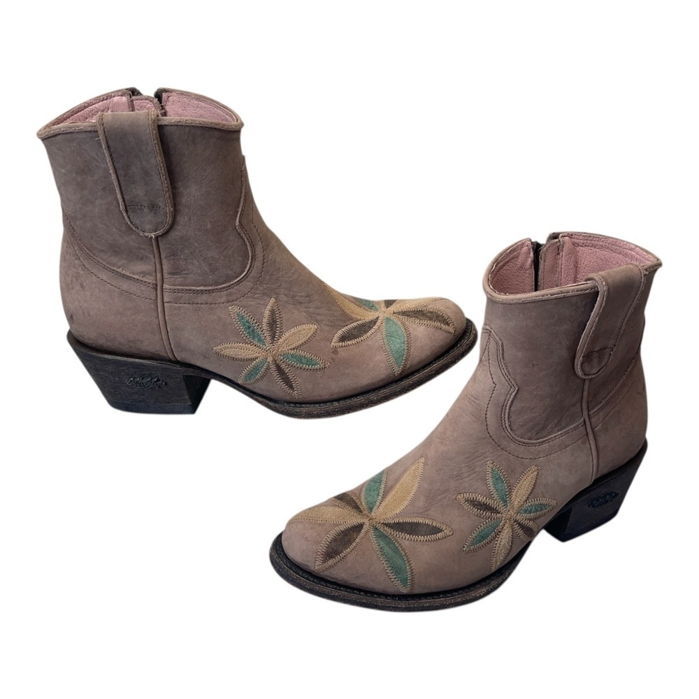 Miss Macie Pedal Pusher Leather Suede Floral Embroidered Ankle Booties Size 7.5